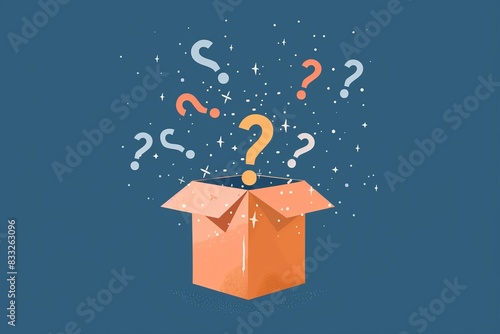 A fun mystery box with question marks flying out of it, fun quiz box, logo, illustration photo