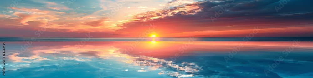 Infinity pool overlooking a vast ocean, glowing sunset hues painting the sky, minimalistic design, smooth water surface mirroring the colors, highresolution photography Infinity pool overlooking a vast ocean, glowing sunset hues painting the sky, minimalistic design, smooth water surface mirroring the colors, highresolution photography