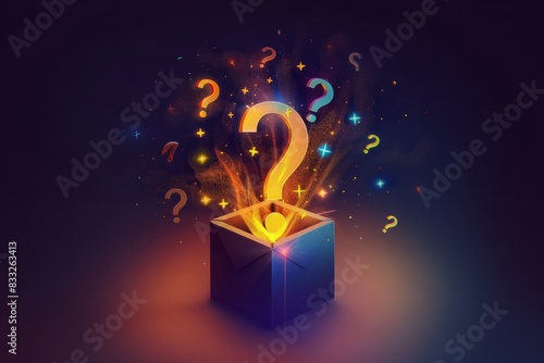 A fun mystery box with question marks flying out of it, fun quiz box, logo, illustration