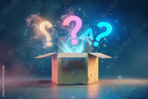 A fun mystery box with question marks flying out of it, fun quiz box, logo, illustration photo