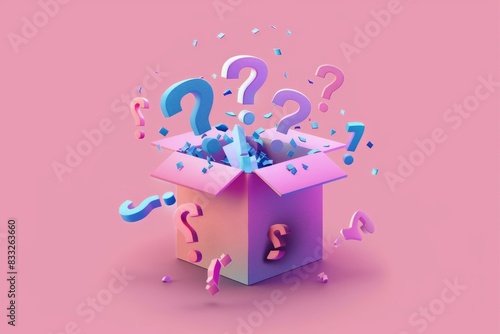 A fun mystery box with question marks flying out of it, fun quiz box, logo, illustration