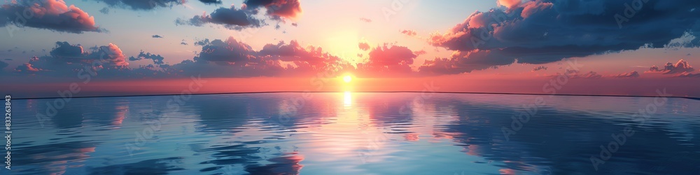 Obraz premium Infinity pool with an expansive view, vibrant sunset sky reflecting on the water, serene and tranquil atmosphere, realistic style, warm and cool tones blending together