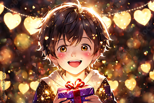 A child who is very happy to receive a gift, smiling with his mouth wide open, Heart-shaped, textured glitter lights with bokeh Garland lights. Illustration, ai 