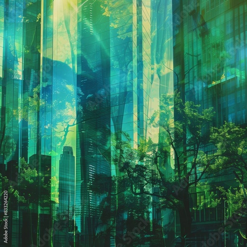 Cityscape that blends architectural elements with natural forms  illustrating a futuristic city where urban living nature coexist beautifully  palette of greens  blues  and earth tones  ai generated