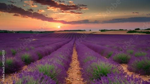 Panorama of agricultural harvest with blooming lavender field  Lavender angustifolia at sunset