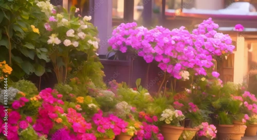 Flower shop overflowing with various flowers hanging baskets and potted plants outside. Concept Flower shop, Overabundance, Floral decorations, Outdoor display, Variety of plants Flower shop overflowing with various flowers hanging baskets and potted plants outside. Concept Flower shop, Overabundance, Floral decorations, Outdoor display, Variety of plants