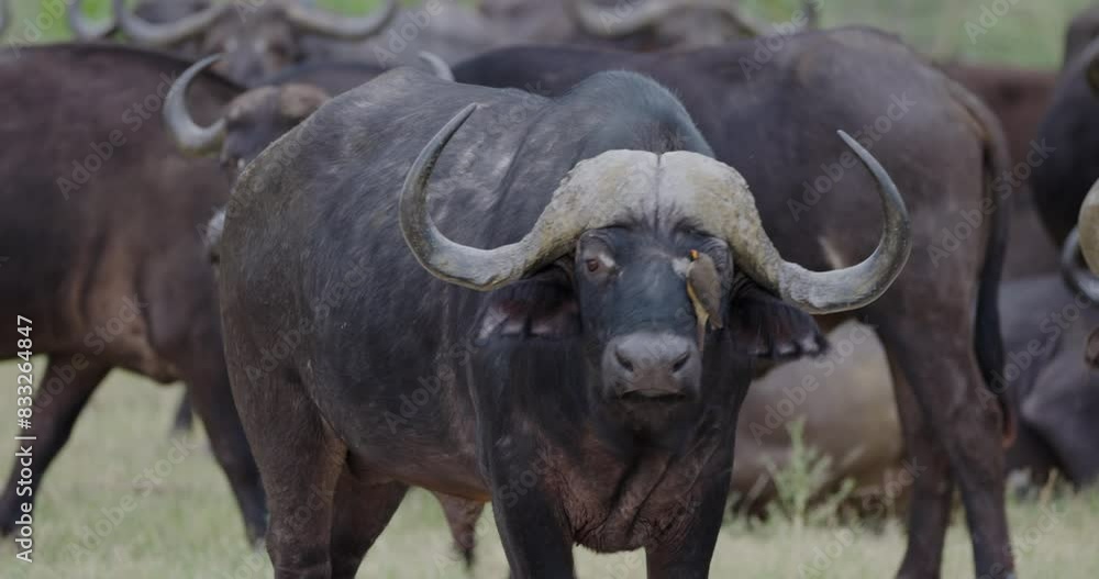 Cape Buffalo looking at camera chewing the cud while Red-billed oxpecker removes parisites off its face Cape Buffalo looking at camera chewing the cud while Red-billed oxpecker removes parisites off its face