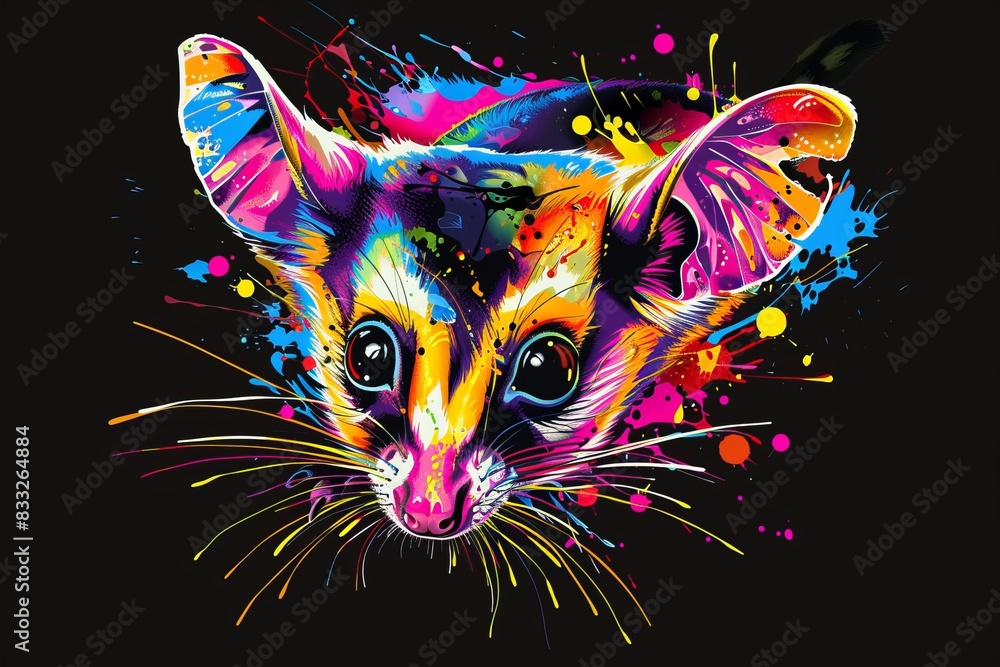 In a pop art style with watercolor splashes, Sugar Glider appears against a black backdrop in an abstract, neon color picture.