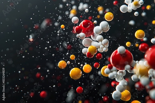multiple molecule aggregates consisting of yellow, red and white atoms, black background