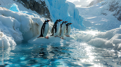 A Contemporary Animals of Penguins Waddling On Ice Floe On Blurry Background photo