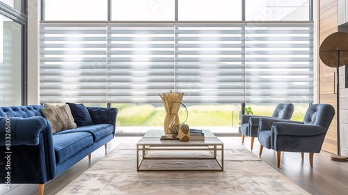Sleek and Quick Blue Luxury Shangri-La Style Blinds for Large Windows in the Living Room, Soft Grey Color with White Fabric Zebra Shades. The large window has modern furniture around it. It's a