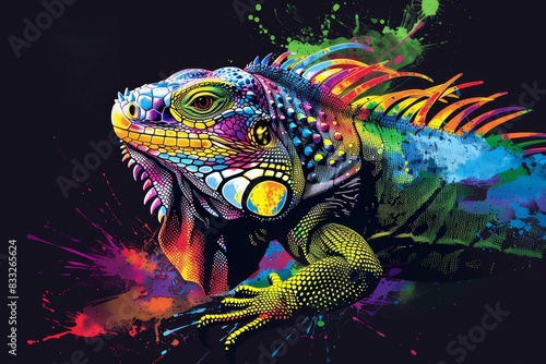 Featuring pop art-style neon-hued bearded dragon lizards superimposed on black backgrounds and splatters of watercolor.