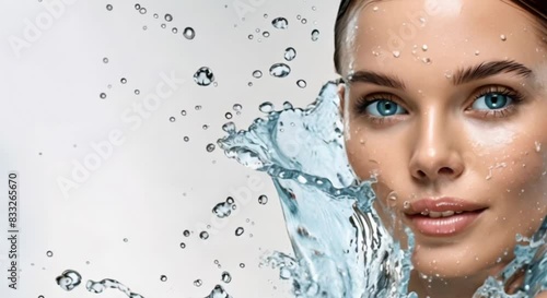 Caucasian woman with wet skin and water splash on white background. Concept Beauty photography, water splash, studio setup, Caucasian model, wet skin photo