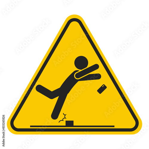 Yellow triangle sign of do no use mobile phone while walking, for fall tripper risk safety label