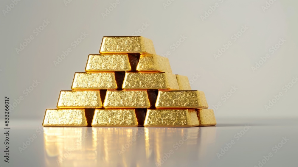 Heaps of gold bars in shimmering stack against white Heaps of gold bars in shimmering stack against white