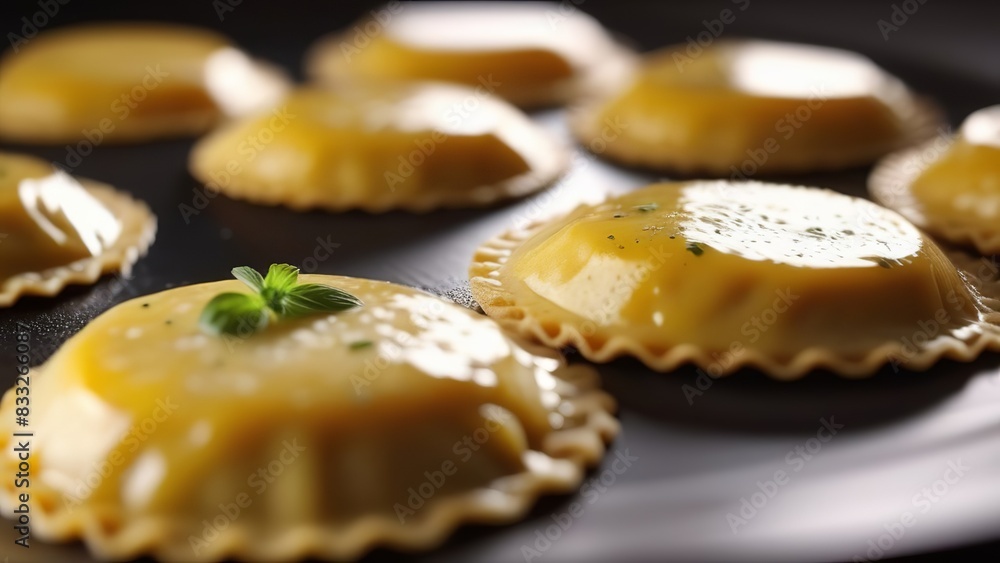 Round ravioli arranged on a plate, showcasing their golden color and perfect shape. The ravioli are stuffed with cheese and herbs, topped with a light sprinkling of Parmesan and parsley Round ravioli arranged on a plate, showcasing their golden color and perfect shape. The ravioli are stuffed with cheese and herbs, topped with a light sprinkling of Parmesan and parsley