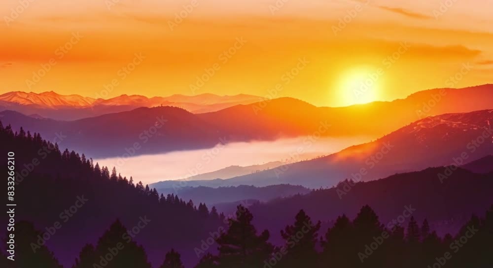Tranquil sunset mountain view with pine trees dark colors and rich textures. Concept Mountain Views, Sunset Scenes, Dark Colors, Rich Textures, Solitude
