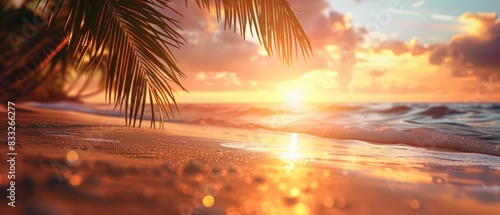 Summer blurred natural panoramic background of tropical beach with palm trees 