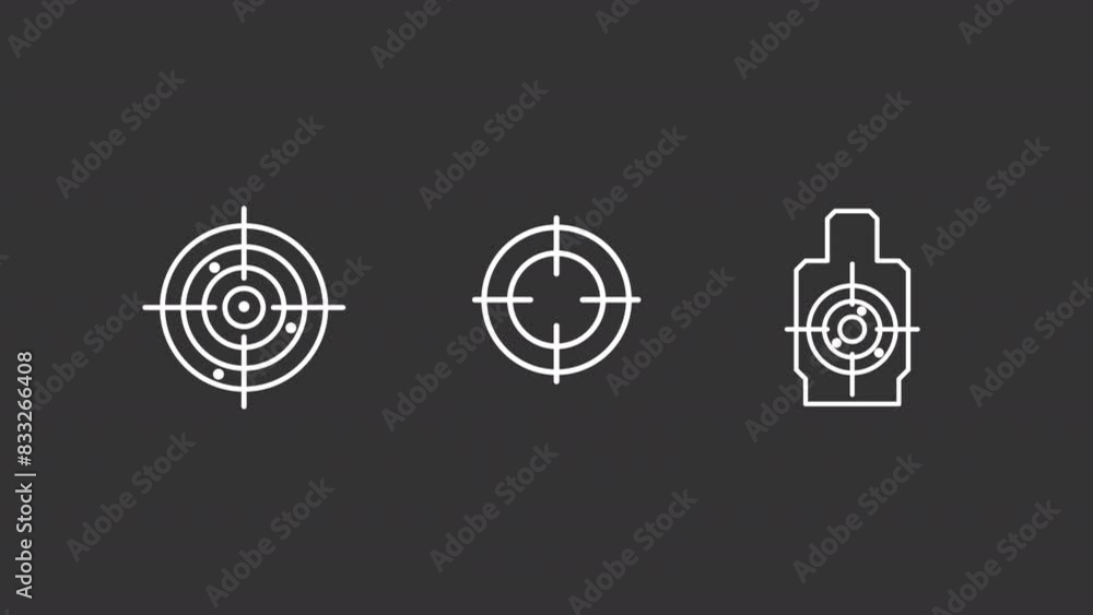 Animated shooting target white icons. Shooting discipline line animation library. Target boards. Accurate shot. Isolated illustrations on dark background. Transition alpha. HD video. Icon pack Animated shooting target white icons. Shooting discipline line animation library. Target boards. Accurate shot. Isolated illustrations on dark background. Transition alpha. HD video. Icon pack