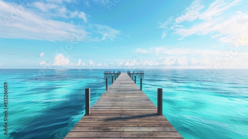 Serene view of a wooden pier stretching into the tranquil turquoise ocean under a blue sky with fluffy clouds.