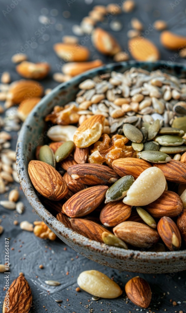 A bowl filled with a variety of vitamin E rich foods. Including nuts and seeds A bowl filled with a variety of vitamin E rich foods. Including nuts and seeds