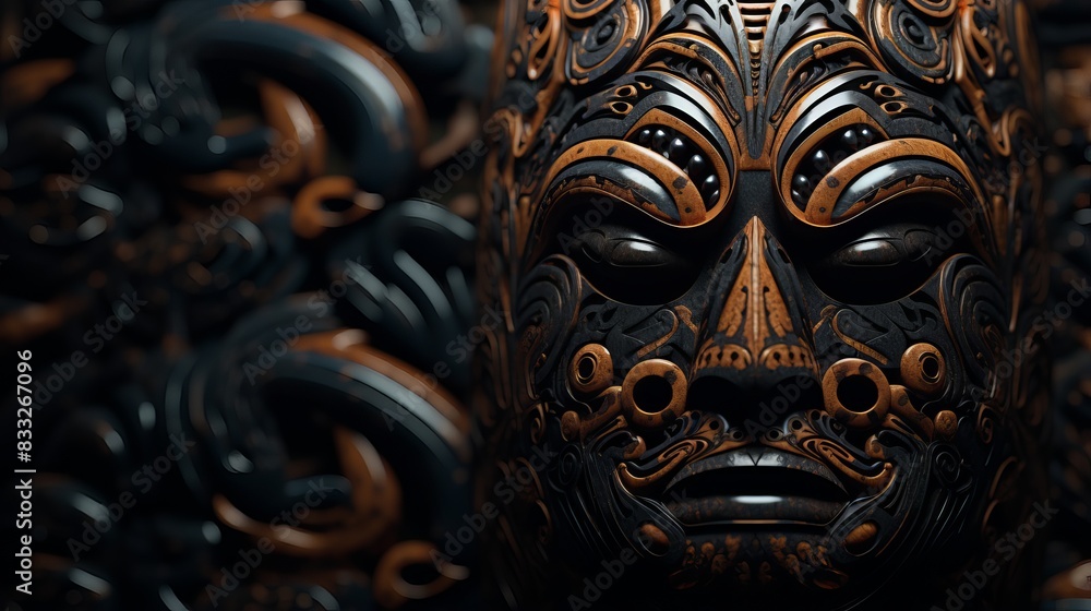 Detailed metallic mask with tribal patterns and bronze tones. Detailed metallic mask with tribal patterns and bronze tones.