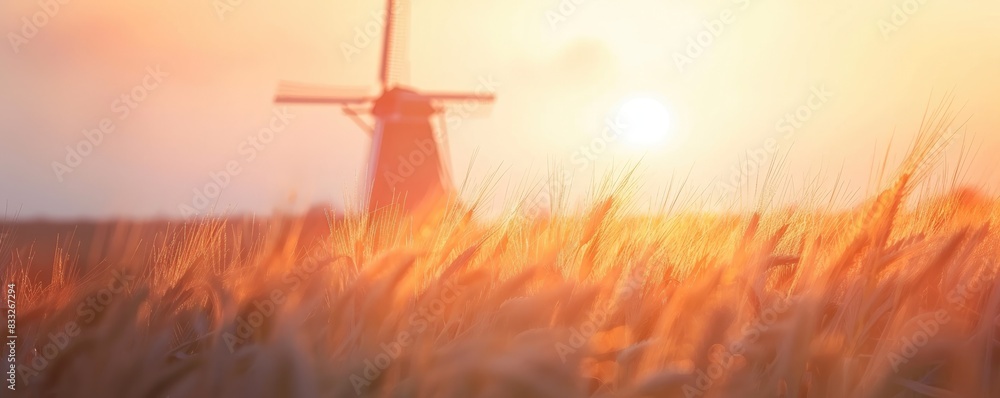Obraz premium Beautiful blurred rural landscape background, huge golden wheat field with windmill at sunset, for background poster banner design.