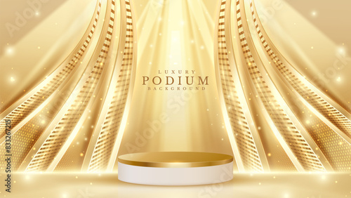 Elegant Gold Podium Set Against a Shimmering Background, Ideal for Luxury Events, Award Ceremonies, and Premium Presentations. Vector Illustration.