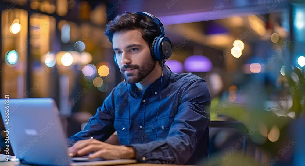 Man in call center providing customer support with laptop and headphones. Concept Customer Support, Call Center, Laptop, Headphones, Business Communication Man in call center providing customer support with laptop and headphones. Concept Customer Support, Call Center, Laptop, Headphones, Business Communication