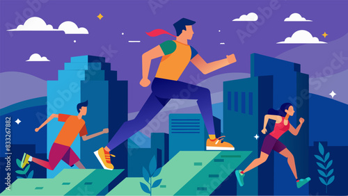 An intense foot race that takes you through a virtual cityscape dodging obstacles and unleashing your inner parkour skills.. Vector illustration