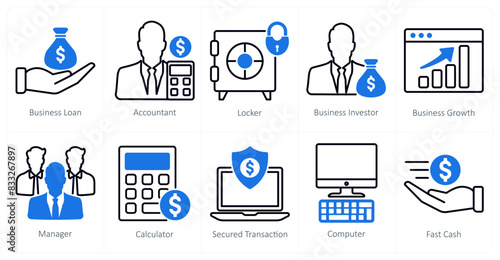 A set of 10 business and office icons as business loan, accountant, locker