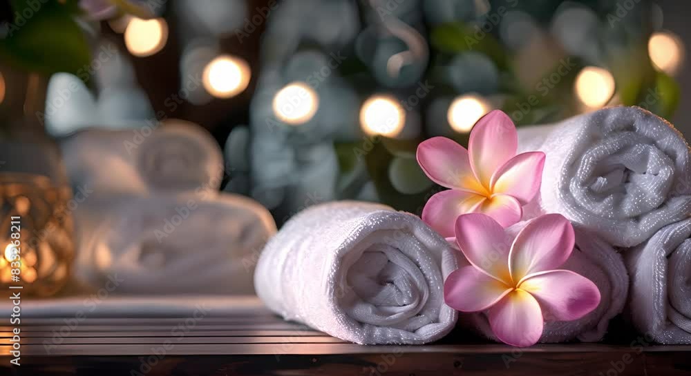 Creating a Relaxing Spa Atmosphere with Rolled Towels, Fresh Flowers, and Natural Elements. Concept Spa Decor, Rolled Towels, Fresh Flowers, Natural Elements, Relaxation Environment Creating a Relaxing Spa Atmosphere with Rolled Towels, Fresh Flowers, and Natural Elements. Concept Spa Decor, Rolled Towels, Fresh Flowers, Natural Elements, Relaxation Environment