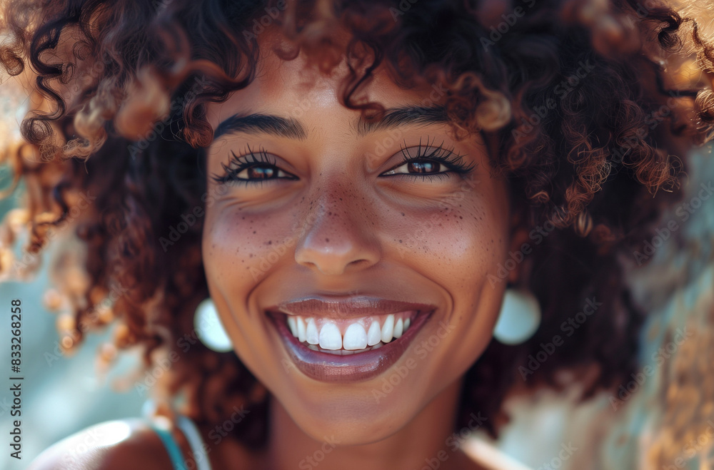 Radiant young woman with curly afro hair looking confidently at the camera. Radiant young woman with curly afro hair looking confidently at the camera.