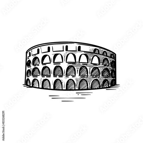 Continuous line art of Colosseum amphitheater landmark. Historical iconic building in Rome. Single line drawing with active stroke.
