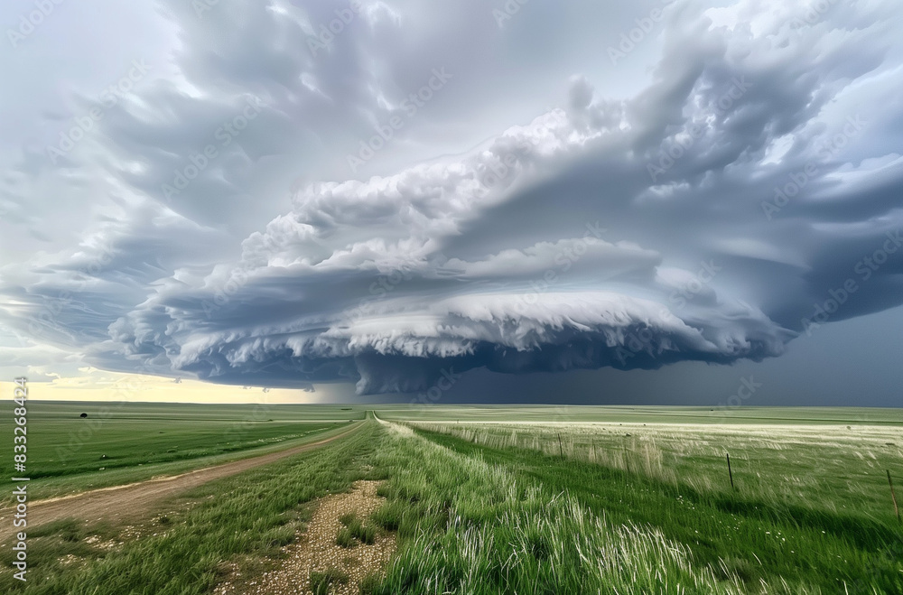 Obraz premium Open prairie sunset with dramatic supercell thunderstorm.