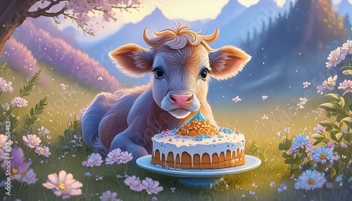 Baby cow on a meadow with a birthday cake 