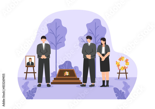 Funeral Ceremony Vector Illustration of Sad People in Black Clothes Standing by a Grave with Wreaths Around a Coffin in a Flat Cartoon Background