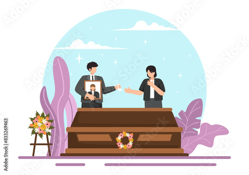 Funeral Ceremony Vector Illustration of Sad People in Black Clothes Standing by a Grave with Wreaths Around a Coffin in a Flat Cartoon Background