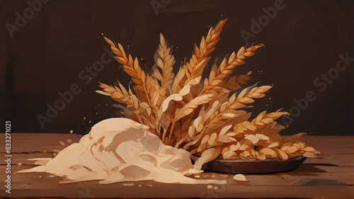 Photo of wheat grains and flour on a wooden table