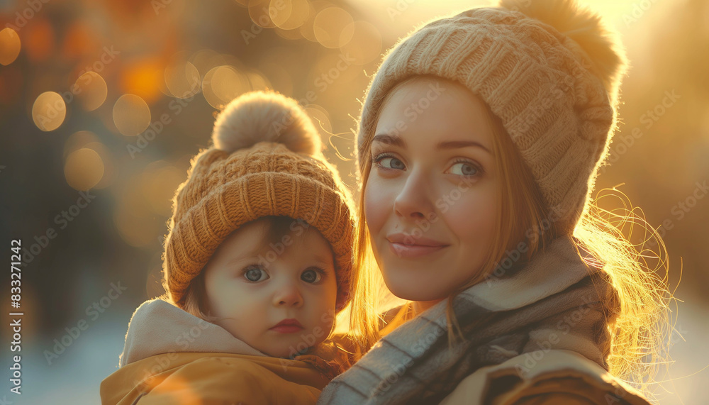 Mother Holding Little Boy in Hats on a Chilly Day. Loving scene of a mother carrying her young son, both wearing cozy hats, in cool weather Mother Holding Little Boy in Hats on a Chilly Day. Loving scene of a mother carrying her young son, both wearing cozy hats, in cool weather