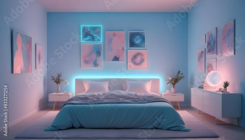  A bedroom with a large abstract artwork in pastel colors  photographed in sharp HD. 