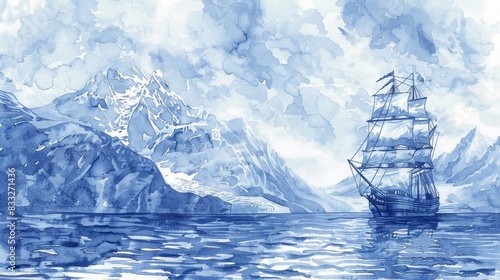 Serenity of the Sea: Minimalistic Ink Landscape with Sailing Ship 