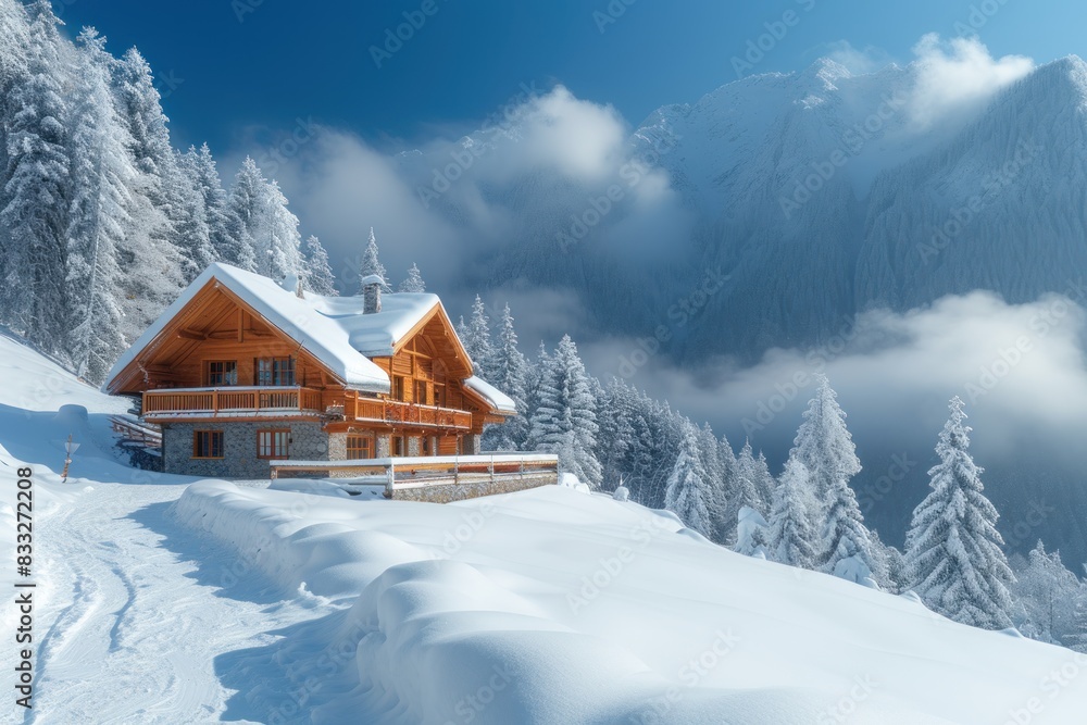 A log cabin in the foreground of a snowy mountain landscape A log cabin in the foreground of a snowy mountain landscape