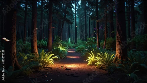 Shows a path through a dark forest. The path is lit by a glowing orb. There are tall trees and ferns on either side of the path. photo