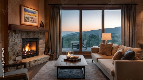 Wallpaper Mural Cozy room setting with a fireplace glowing warmly beside a spacious window offering a view Torontodigital.ca