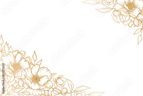 Golden flower frame. Corner. Luxury pattern with a bouquet of flowers, branches, leaves. Vector illustration with drawn elegant vintage botanical decorative elements