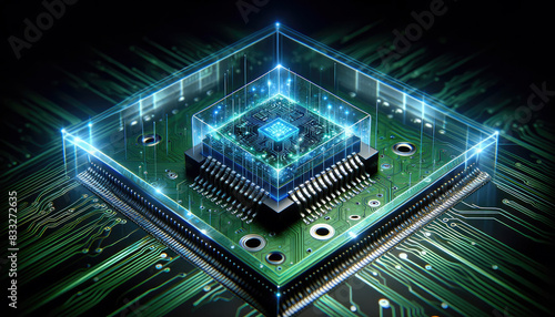 Semiconductor chips and circuit boards for AI computer, Artificial intelligence and innovative advanced technology, hologram of quantum computing concept