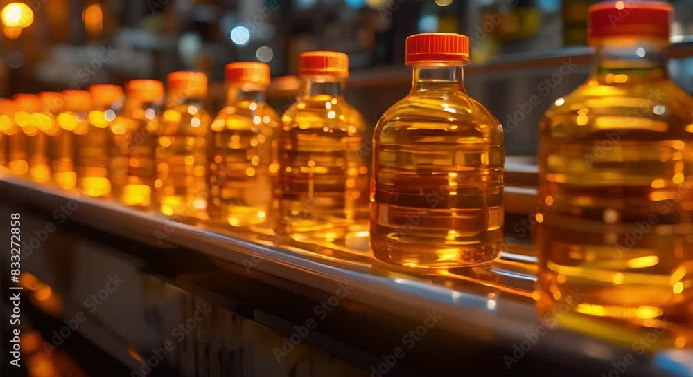 Vegetable oil-filled glass bottles on conveyor belt in factory. Concept Manufacturing Process, Food industry, Factory Automation, Conveyor Systems, Industrial Production Vegetable oil-filled glass bottles on conveyor belt in factory. Concept Manufacturing Process, Food industry, Factory Automation, Conveyor Systems, Industrial Production