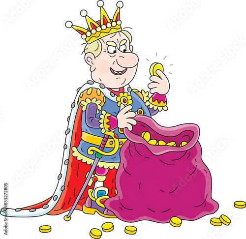 Greedy king counting gold coins in his old money bag from royal tax collection, vector cartoon illustration isolated on a white background