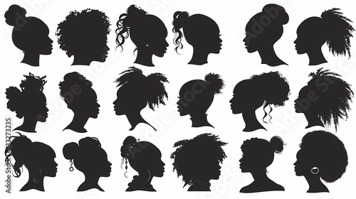 set of illustrations of silhouettes of women's heads from the side